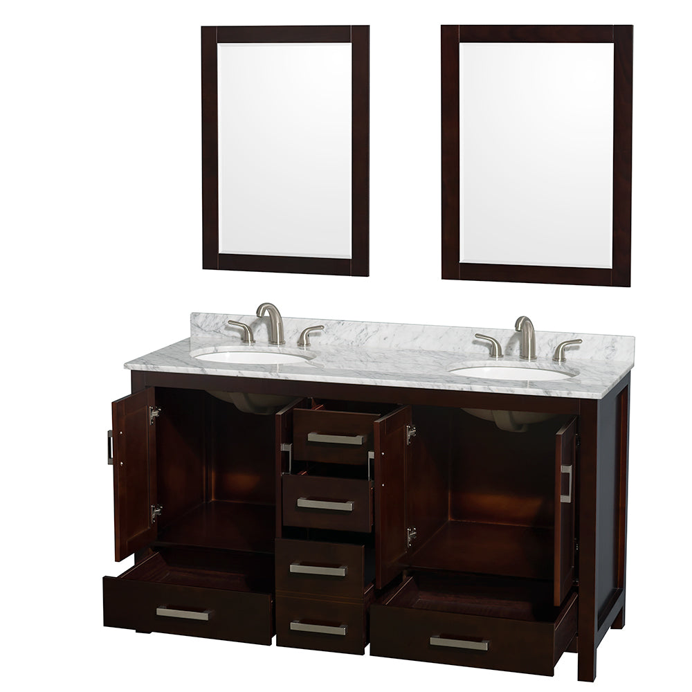 60 inch Double Bathroom Vanity in Espresso, White Carrara Marble Countertop, Undermount Oval Sinks, and 24 inch Mirrors - Luxe Bathroom Vanities Luxury Bathroom Fixtures Bathroom Furniture