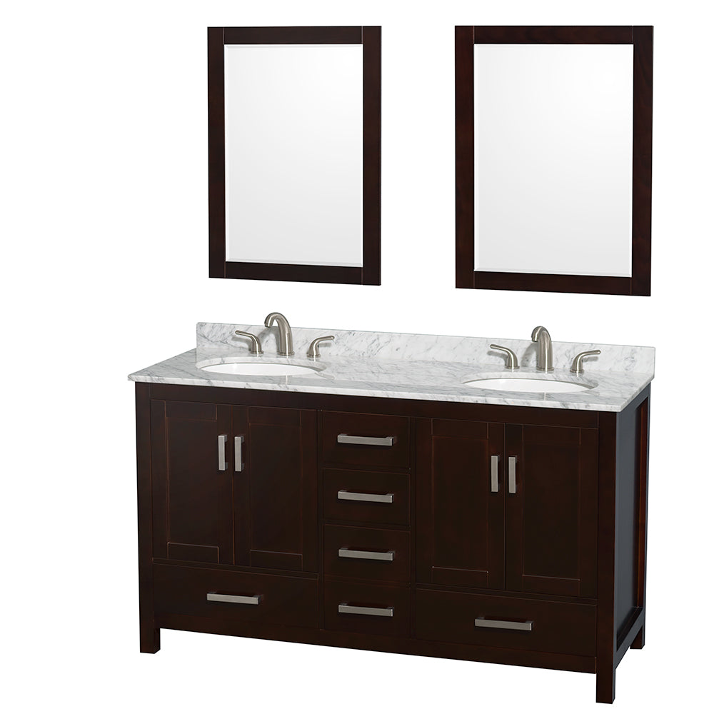 60 inch Double Bathroom Vanity in Espresso, White Carrara Marble Countertop, Undermount Oval Sinks, and 24 inch Mirrors - Luxe Bathroom Vanities Luxury Bathroom Fixtures Bathroom Furniture
