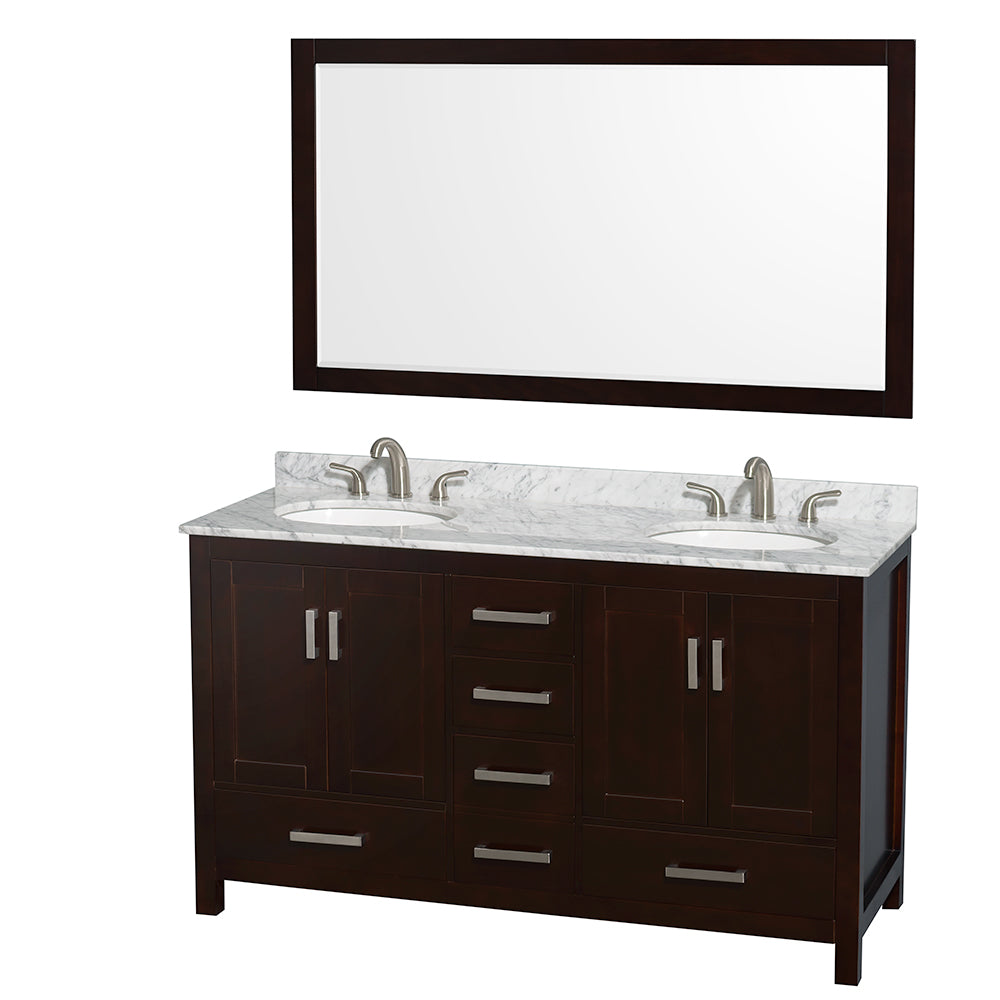 60 inch Double Bathroom Vanity in Espresso, White Carrara Marble Countertop, Undermount Oval Sinks, and 58 inch Mirror - Luxe Bathroom Vanities Luxury Bathroom Fixtures Bathroom Furniture