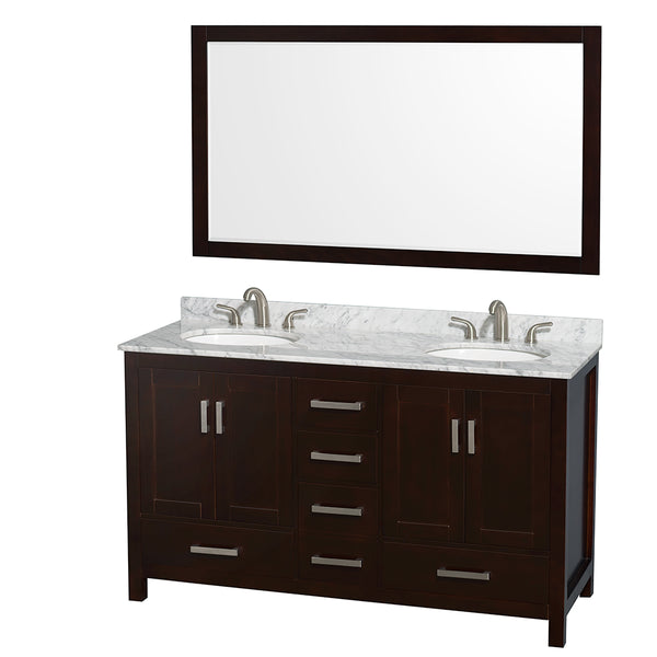 60 inch Double Bathroom Vanity in Espresso, White Carrara Marble Countertop, Undermount Oval Sinks, and 58 inch Mirror - Luxe Bathroom Vanities Luxury Bathroom Fixtures Bathroom Furniture