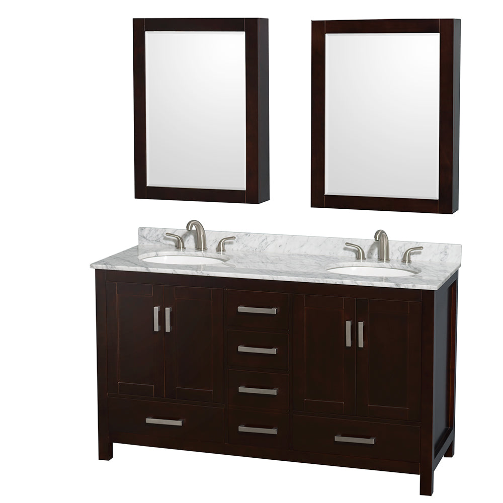 60 inch Double Bathroom Vanity in Espresso, White Carrara Marble Countertop, Undermount Oval Sinks, and Medicine Cabinets - Luxe Bathroom Vanities Luxury Bathroom Fixtures Bathroom Furniture
