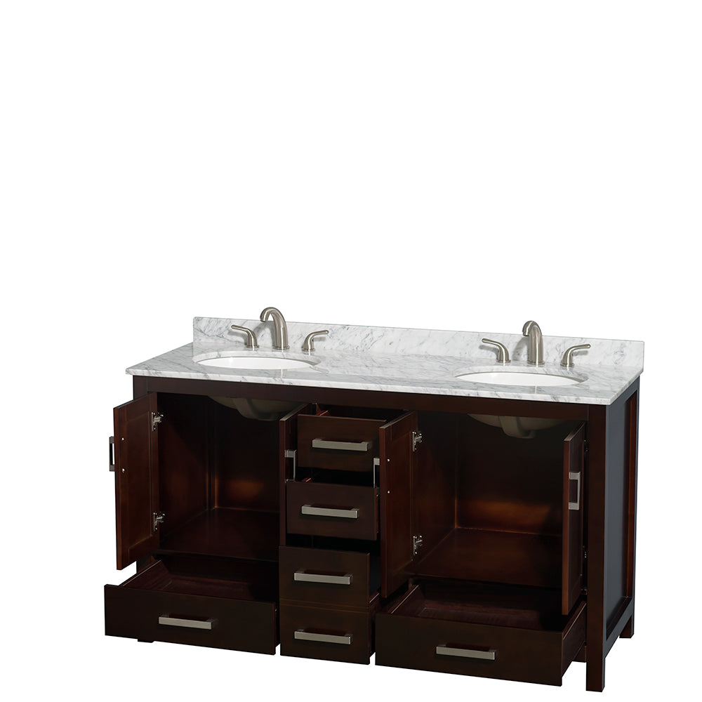 60 inch Double Bathroom Vanity in Espresso, White Carrara Marble Countertop, Undermount Oval Sinks, and No Mirror - Luxe Bathroom Vanities Luxury Bathroom Fixtures Bathroom Furniture