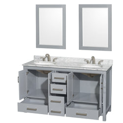 60 inch Double Bathroom Vanity in Gray, White Carrara Marble Countertop, Undermount Oval Sinks, and 24 inch Mirrors - Luxe Bathroom Vanities Luxury Bathroom Fixtures Bathroom Furniture