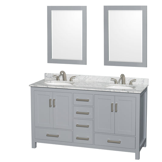 60 inch Double Bathroom Vanity in Gray, White Carrara Marble Countertop, Undermount Oval Sinks, and 24 inch Mirrors - Luxe Bathroom Vanities Luxury Bathroom Fixtures Bathroom Furniture