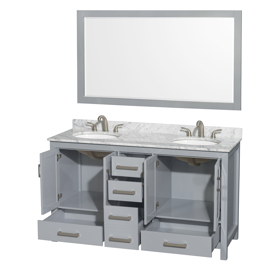 60 inch Double Bathroom Vanity in Gray, White Carrara Marble Countertop, Undermount Oval Sinks, and 58 inch Mirror - Luxe Bathroom Vanities Luxury Bathroom Fixtures Bathroom Furniture