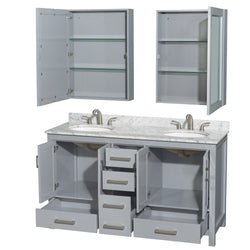 60 inch Double Bathroom Vanity in Gray, White Carrara Marble Countertop, Undermount Oval Sinks, and Medicine Cabinets - Luxe Bathroom Vanities Luxury Bathroom Fixtures Bathroom Furniture