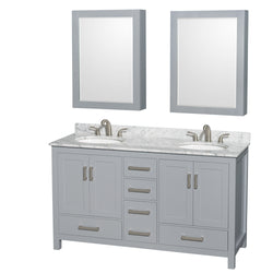 60 inch Double Bathroom Vanity in Gray, White Carrara Marble Countertop, Undermount Oval Sinks, and Medicine Cabinets - Luxe Bathroom Vanities Luxury Bathroom Fixtures Bathroom Furniture
