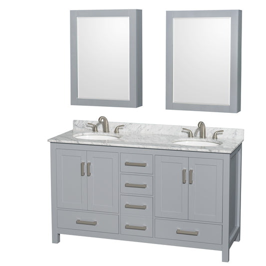 60 inch Double Bathroom Vanity in Gray, White Carrara Marble Countertop, Undermount Oval Sinks, and Medicine Cabinets - Luxe Bathroom Vanities Luxury Bathroom Fixtures Bathroom Furniture