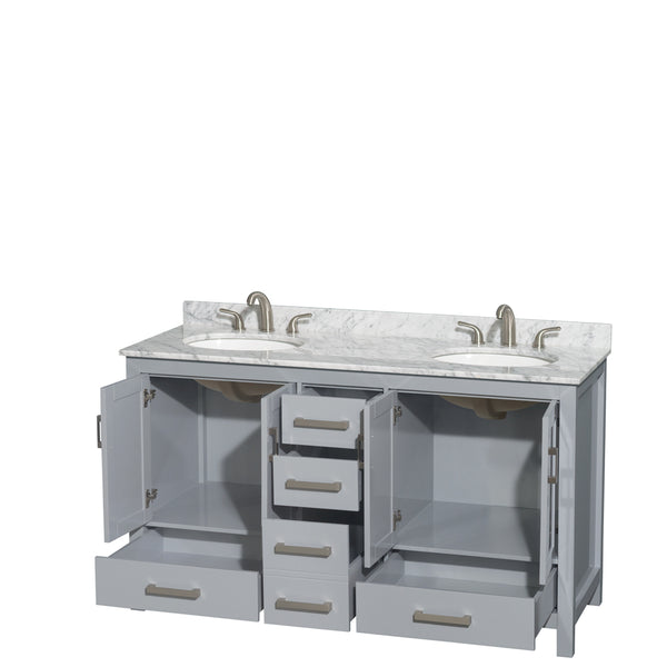 60 inch Double Bathroom Vanity in Gray, White Carrara Marble Countertop, Undermount Oval Sinks, and No Mirror - Luxe Bathroom Vanities Luxury Bathroom Fixtures Bathroom Furniture