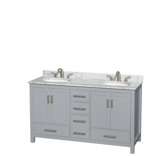 60 inch Double Bathroom Vanity in Gray, White Carrara Marble Countertop, Undermount Oval Sinks, and No Mirror - Luxe Bathroom Vanities Luxury Bathroom Fixtures Bathroom Furniture