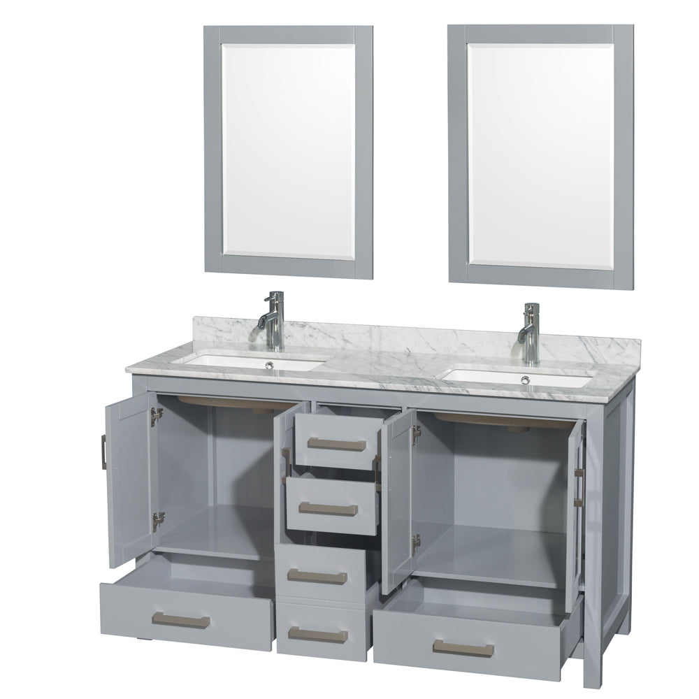 60 inch Double Bathroom Vanity in Gray, White Carrara Marble Countertop, Undermount Square Sinks, and 24 inch Mirrors - Luxe Bathroom Vanities Luxury Bathroom Fixtures Bathroom Furniture