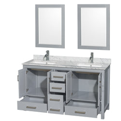 60 inch Double Bathroom Vanity in Gray, White Carrara Marble Countertop, Undermount Square Sinks, and 24 inch Mirrors - Luxe Bathroom Vanities Luxury Bathroom Fixtures Bathroom Furniture