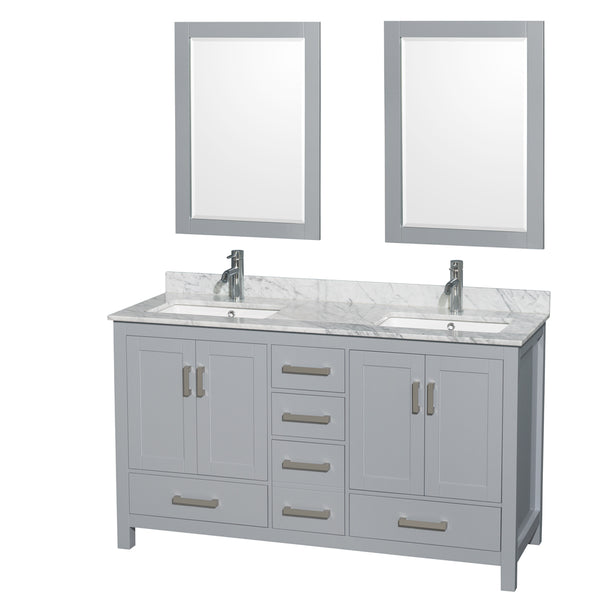 60 inch Double Bathroom Vanity in Gray, White Carrara Marble Countertop, Undermount Square Sinks, and 24 inch Mirrors - Luxe Bathroom Vanities Luxury Bathroom Fixtures Bathroom Furniture