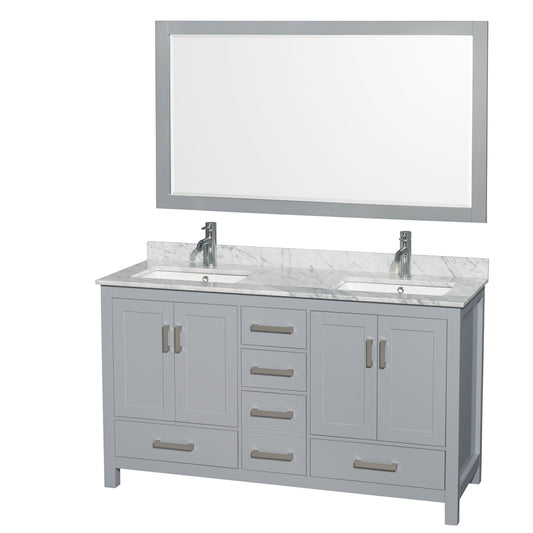 60 inch Double Bathroom Vanity in Gray, White Carrara Marble Countertop, Undermount Square Sinks, and 58 inch Mirror - Luxe Bathroom Vanities Luxury Bathroom Fixtures Bathroom Furniture
