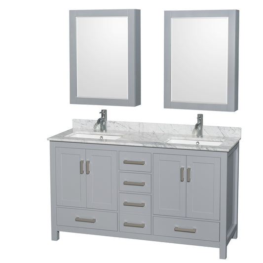 60 inch Double Bathroom Vanity in Gray, White Carrara Marble Countertop, Undermount Square Sinks, and Medicine Cabinets - Luxe Bathroom Vanities Luxury Bathroom Fixtures Bathroom Furniture