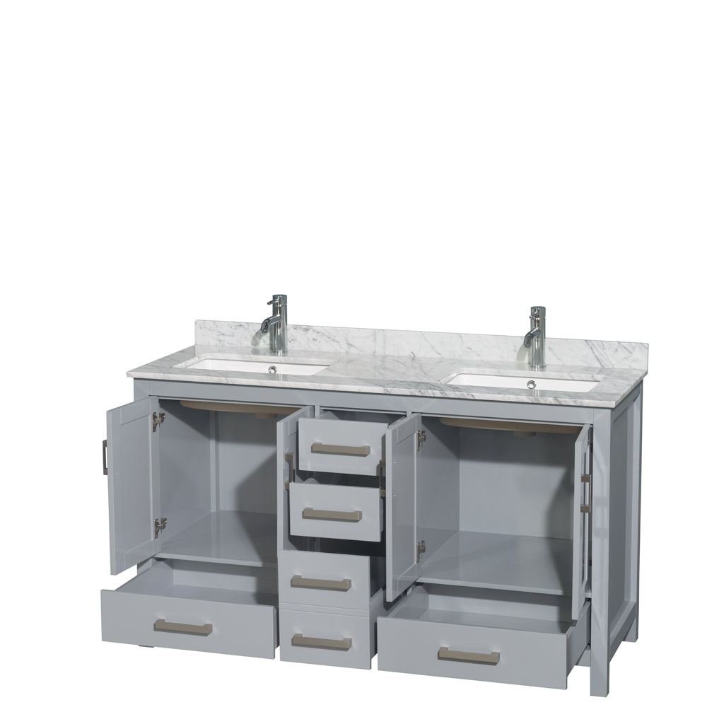 60 inch Double Bathroom Vanity in Gray, White Carrara Marble Countertop, Undermount Square Sinks, and No Mirror - Luxe Bathroom Vanities Luxury Bathroom Fixtures Bathroom Furniture