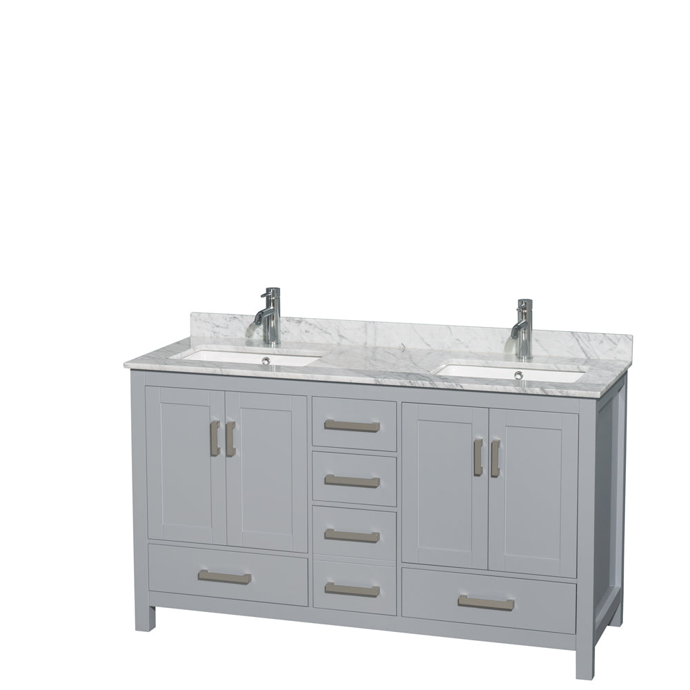 60 inch Double Bathroom Vanity in Gray, White Carrara Marble Countertop, Undermount Square Sinks, and No Mirror - Luxe Bathroom Vanities Luxury Bathroom Fixtures Bathroom Furniture