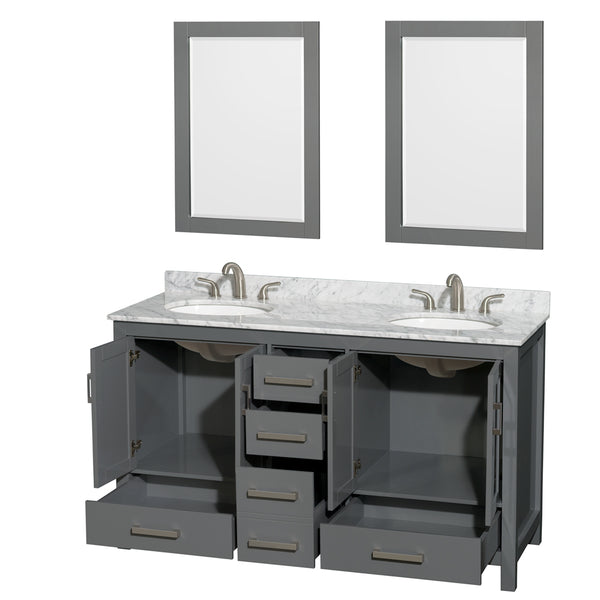 60 inch Double Bathroom Vanity in Dark Gray, White Carrara Marble Countertop, Undermount Oval Sinks, and 24 inch Mirrors - Luxe Bathroom Vanities Luxury Bathroom Fixtures Bathroom Furniture
