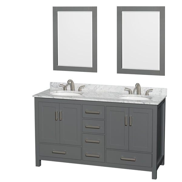 60 inch Double Bathroom Vanity in Dark Gray, White Carrara Marble Countertop, Undermount Oval Sinks, and 24 inch Mirrors - Luxe Bathroom Vanities Luxury Bathroom Fixtures Bathroom Furniture