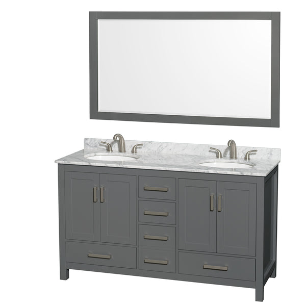 60 inch Double Bathroom Vanity in Dark Gray, White Carrara Marble Countertop, Undermount Oval Sinks, and 58 inch Mirror - Luxe Bathroom Vanities Luxury Bathroom Fixtures Bathroom Furniture