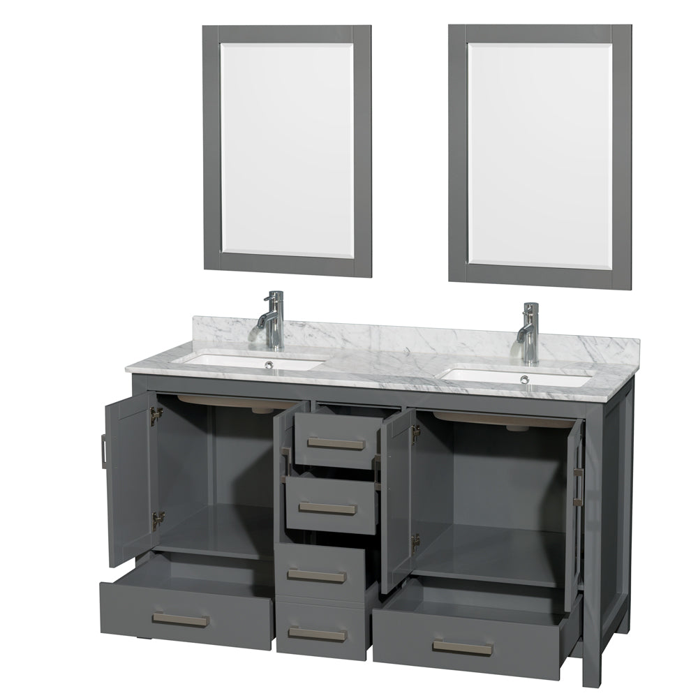 60 inch Double Bathroom Vanity in Dark Gray, White Carrara Marble Countertop, Undermount Square Sinks, and 24 inch Mirrors - Luxe Bathroom Vanities Luxury Bathroom Fixtures Bathroom Furniture