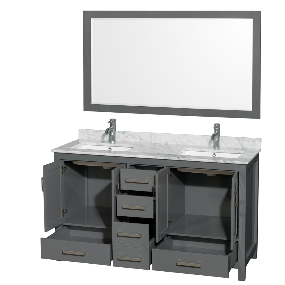 60 inch Double Bathroom Vanity in Dark Gray, White Carrara Marble Countertop, Undermount Square Sinks, and 58 inch Mirror - Luxe Bathroom Vanities Luxury Bathroom Fixtures Bathroom Furniture