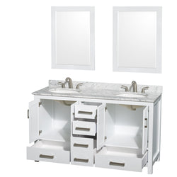 60 inch Double Bathroom Vanity in White, White Carrara Marble Countertop, Undermount Oval Sinks, and 24 inch Mirrors - Luxe Bathroom Vanities Luxury Bathroom Fixtures Bathroom Furniture