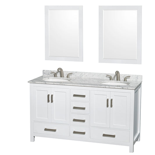 60 inch Double Bathroom Vanity in White, White Carrara Marble Countertop, Undermount Oval Sinks, and 24 inch Mirrors - Luxe Bathroom Vanities Luxury Bathroom Fixtures Bathroom Furniture