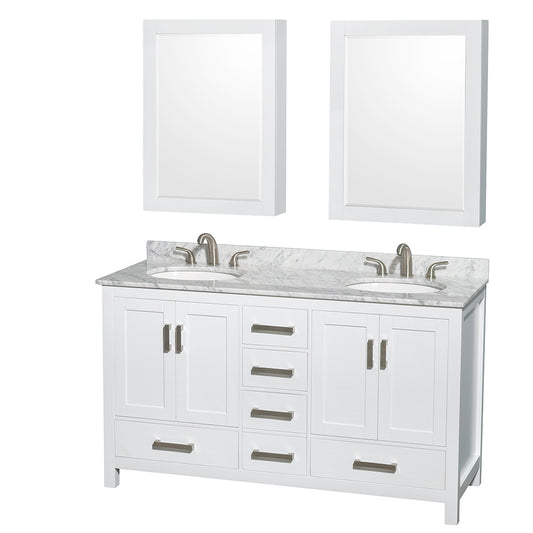 60 inch Double Bathroom Vanity in White, White Carrara Marble Countertop, Undermount Oval Sinks, and Medicine Cabinets - Luxe Bathroom Vanities Luxury Bathroom Fixtures Bathroom Furniture