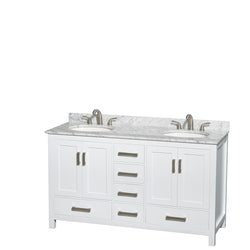60 inch Double Bathroom Vanity in White, White Carrara Marble Countertop, Undermount Oval Sinks, and 58 inch Mirror - Luxe Bathroom Vanities Luxury Bathroom Fixtures Bathroom Furniture