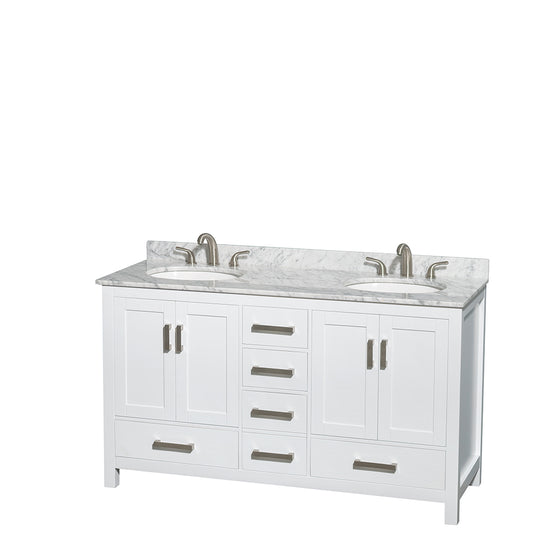 60 inch Double Bathroom Vanity in White, White Carrara Marble Countertop, Undermount Oval Sinks, and No Mirror - Luxe Bathroom Vanities Luxury Bathroom Fixtures Bathroom Furniture