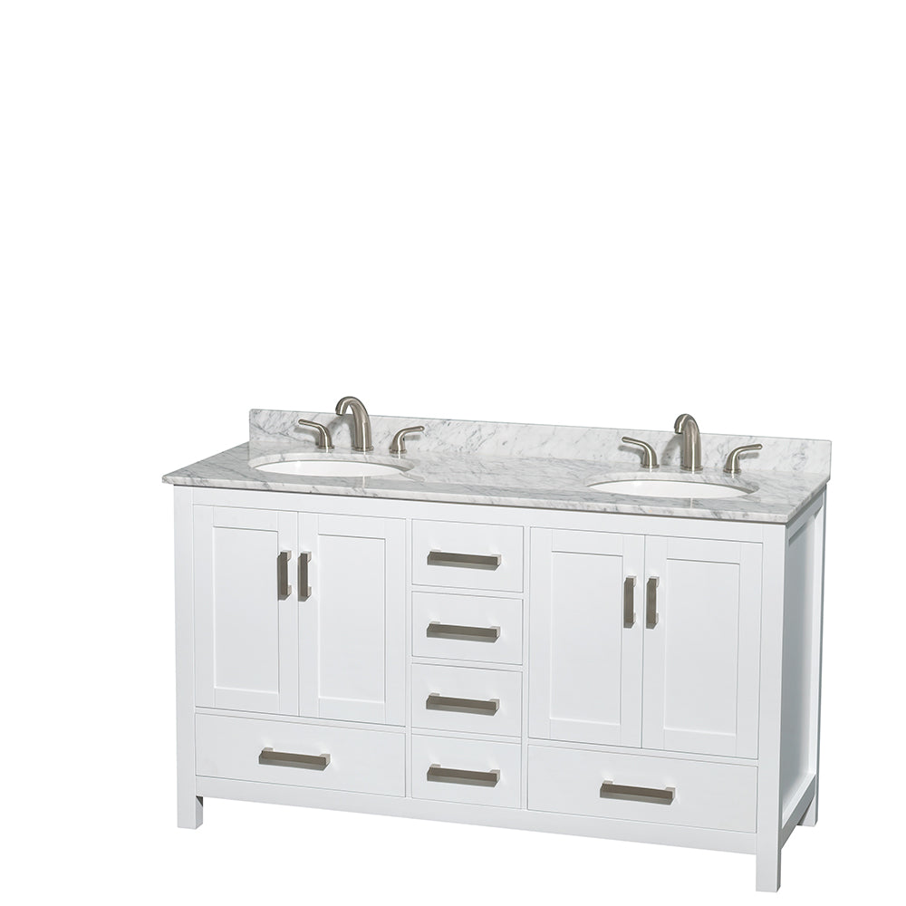 60 inch Double Bathroom Vanity in White, White Carrara Marble Countertop, Undermount Oval Sinks, and Medicine Cabinets - Luxe Bathroom Vanities Luxury Bathroom Fixtures Bathroom Furniture