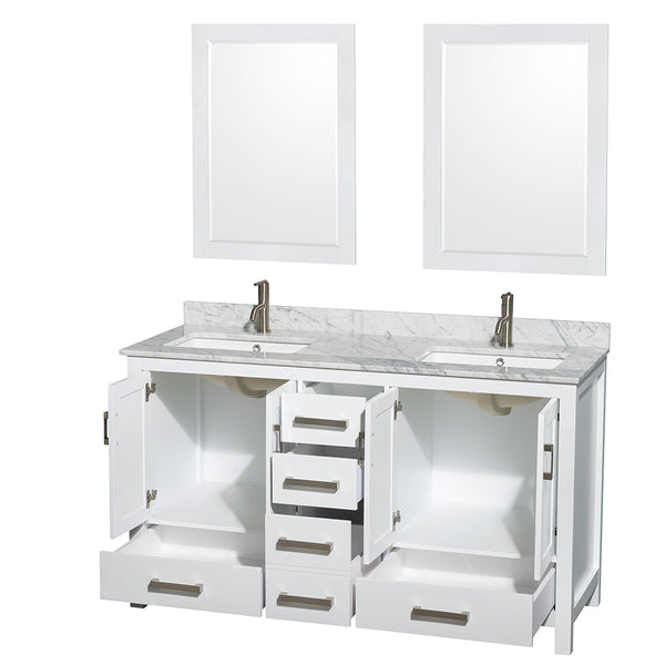 60 inch Double Bathroom Vanity in White, White Carrara Marble Countertop, Undermount Square Sinks, and 24 inch Mirrors - Luxe Bathroom Vanities Luxury Bathroom Fixtures Bathroom Furniture