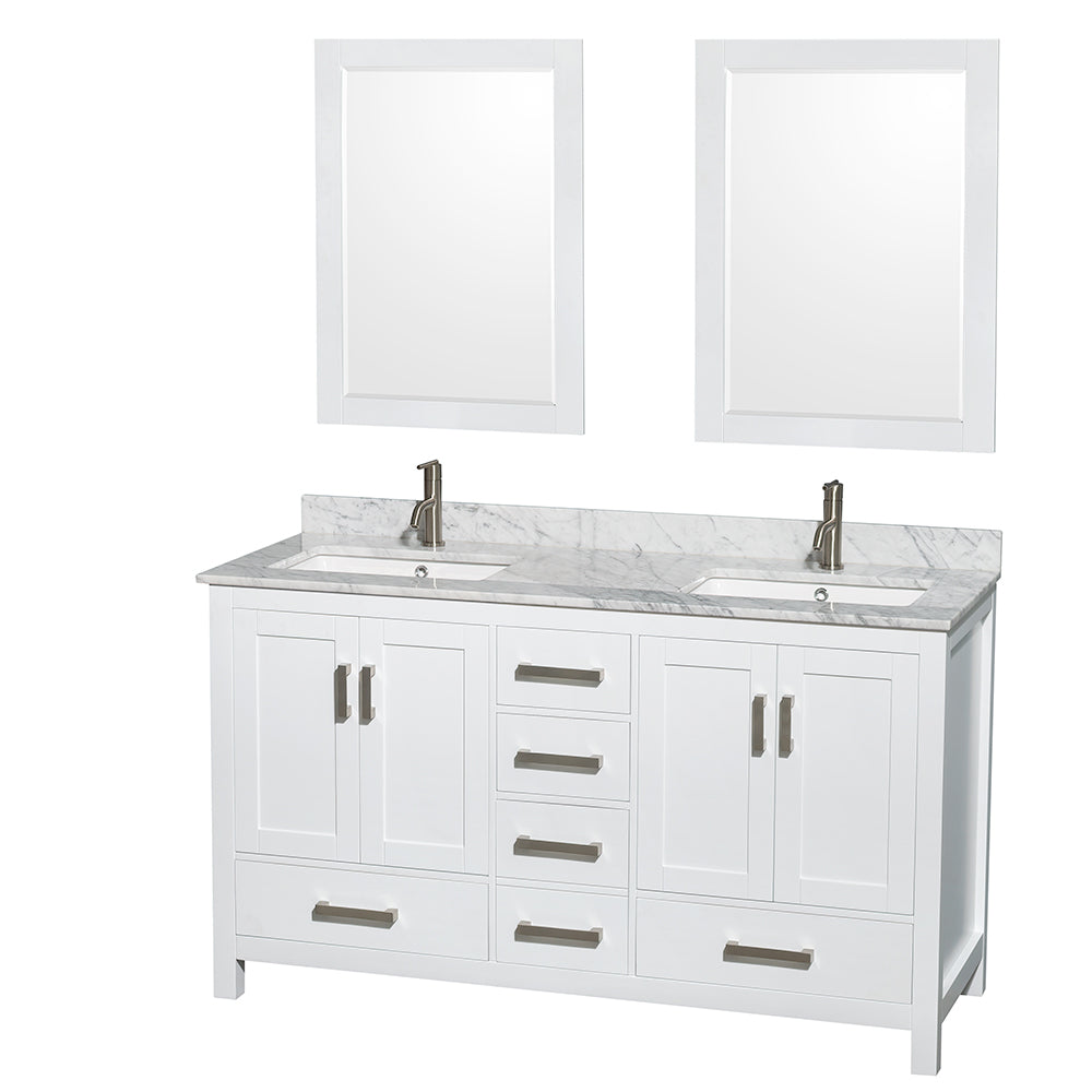 60 inch Double Bathroom Vanity in White, White Carrara Marble Countertop, Undermount Square Sinks, and 24 inch Mirrors - Luxe Bathroom Vanities Luxury Bathroom Fixtures Bathroom Furniture