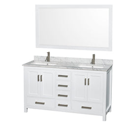 60 inch Double Bathroom Vanity in White, White Carrara Marble Countertop, Undermount Square Sinks, and 58 inch Mirror - Luxe Bathroom Vanities Luxury Bathroom Fixtures Bathroom Furniture