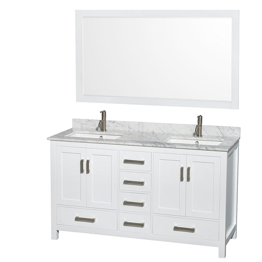 60 inch Double Bathroom Vanity in White, White Carrara Marble Countertop, Undermount Square Sinks, and 58 inch Mirror - Luxe Bathroom Vanities Luxury Bathroom Fixtures Bathroom Furniture