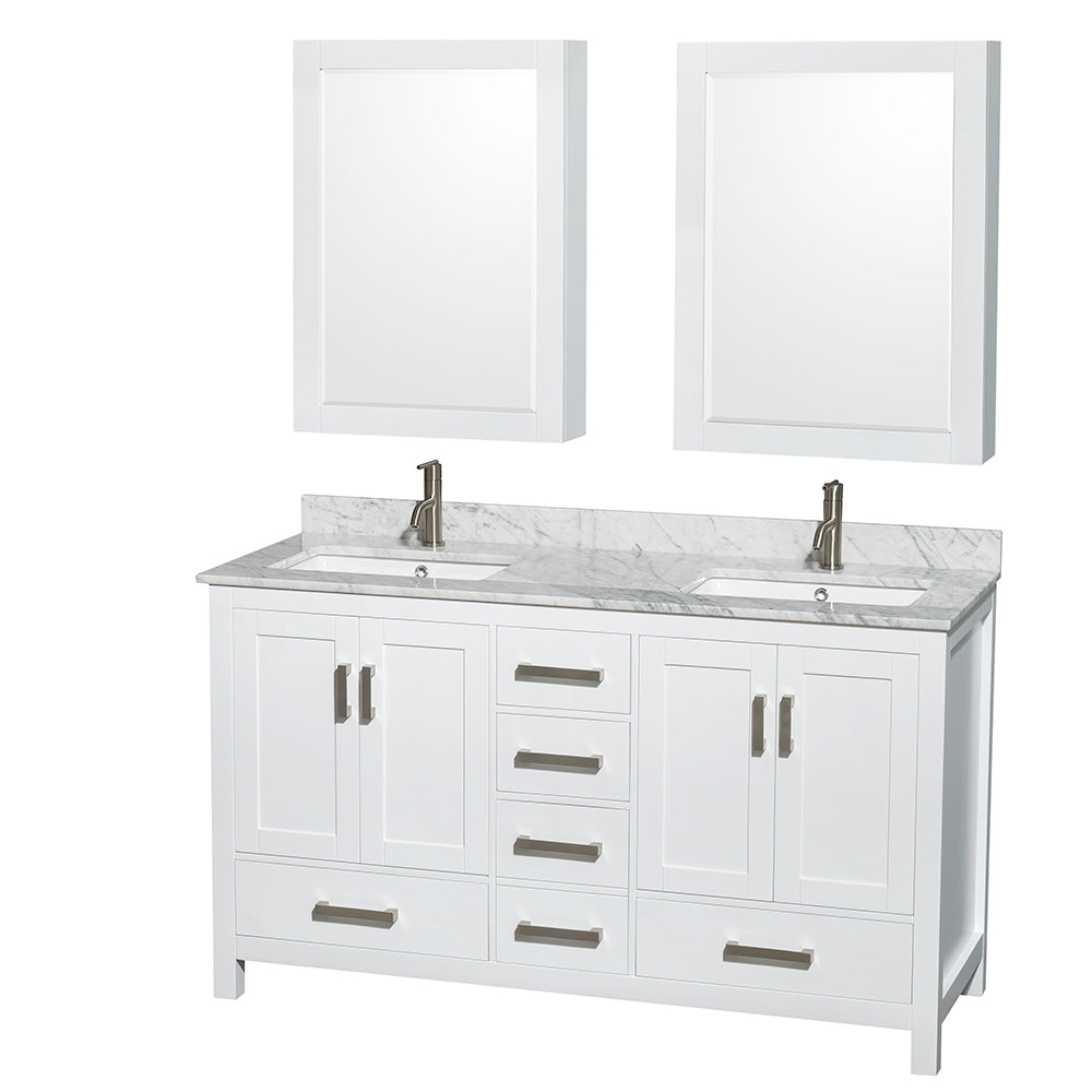 60 inch Double Bathroom Vanity in White, White Carrara Marble Countertop, Undermount Square Sinks, and Medicine Cabinets - Luxe Bathroom Vanities Luxury Bathroom Fixtures Bathroom Furniture