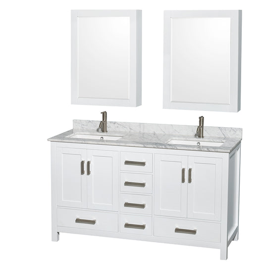 60 inch Double Bathroom Vanity in White, White Carrara Marble Countertop, Undermount Square Sinks, and Medicine Cabinets - Luxe Bathroom Vanities Luxury Bathroom Fixtures Bathroom Furniture