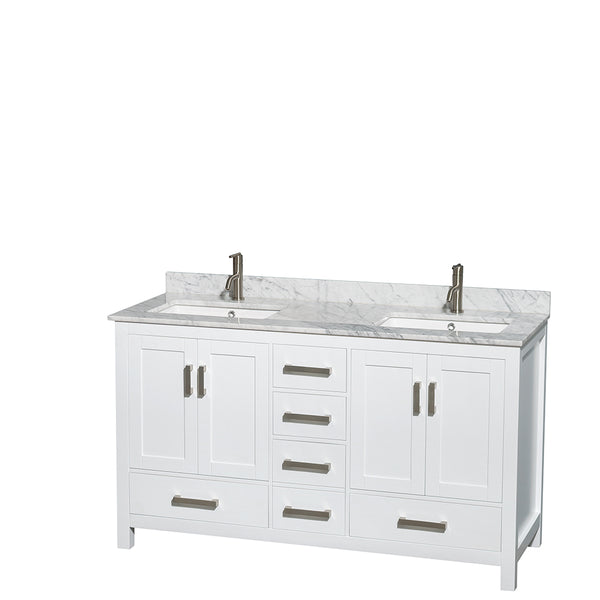 60 inch Double Bathroom Vanity in White, White Carrara Marble Countertop, Undermount Square Sinks, and No Mirror - Luxe Bathroom Vanities Luxury Bathroom Fixtures Bathroom Furniture