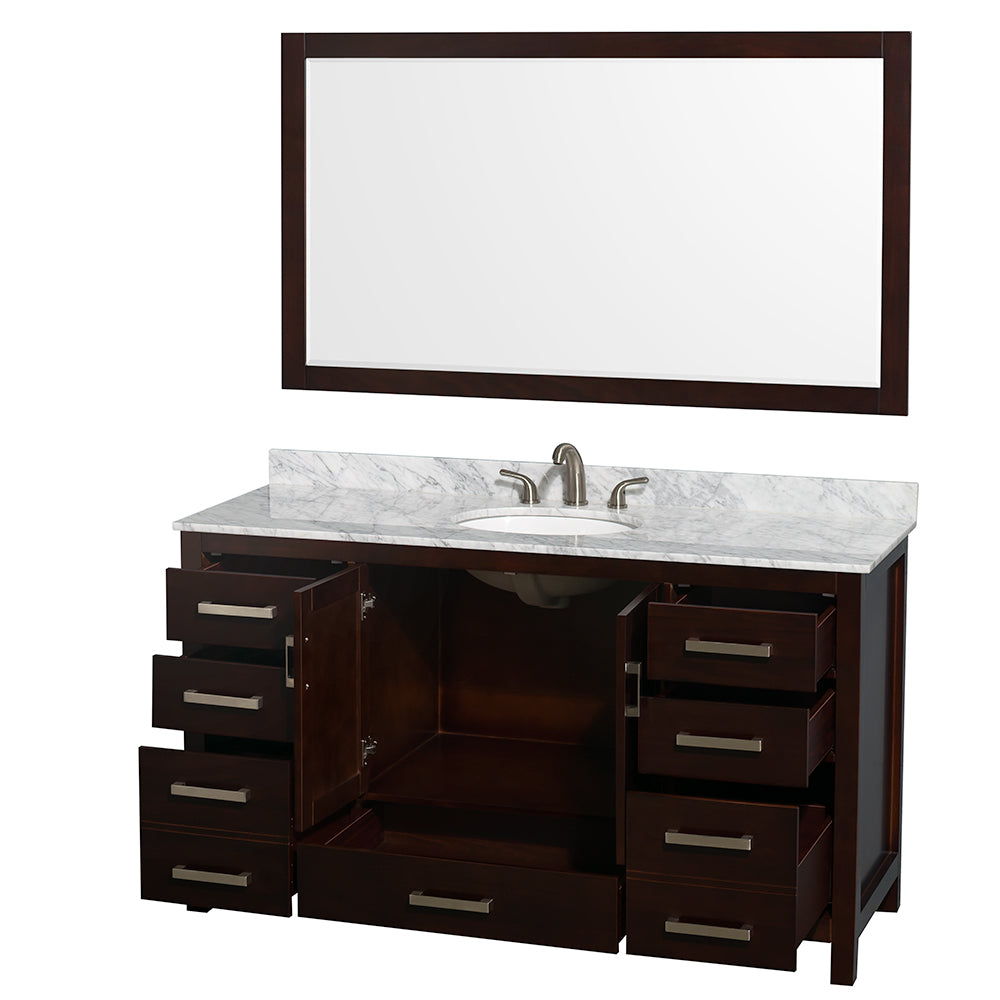 60 inch Single Bathroom Vanity in Espresso, White Carrara Marble Countertop, Undermount Oval Sink, and 58 inch Mirror - Luxe Bathroom Vanities Luxury Bathroom Fixtures Bathroom Furniture