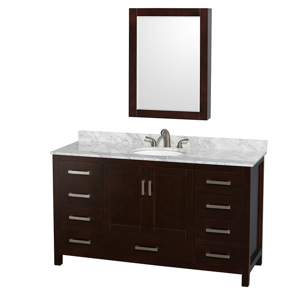 60 inch Single Bathroom Vanity in Espresso, White Carrara Marble Countertop, Undermount Oval Sink, and Medicine Cabinet - Luxe Bathroom Vanities Luxury Bathroom Fixtures Bathroom Furniture