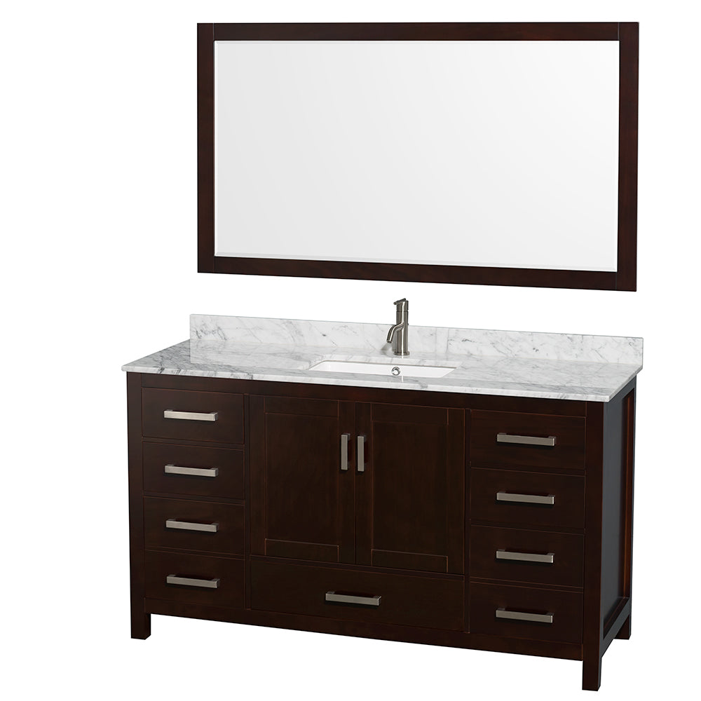 60 inch Single Bathroom Vanity in Espresso, White Carrara Marble Countertop, Undermount Square Sink, and 58 inch Mirror - Luxe Bathroom Vanities Luxury Bathroom Fixtures Bathroom Furniture