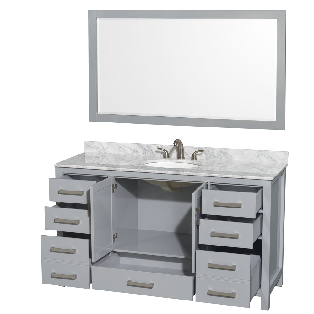 60 inch Single Bathroom Vanity in Gray, White Carrara Marble Countertop, Undermount Oval Sink, and 58 inch Mirror - Luxe Bathroom Vanities Luxury Bathroom Fixtures Bathroom Furniture