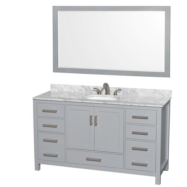 60 inch Single Bathroom Vanity in Gray, White Carrara Marble Countertop, Undermount Oval Sink, and 58 inch Mirror - Luxe Bathroom Vanities Luxury Bathroom Fixtures Bathroom Furniture