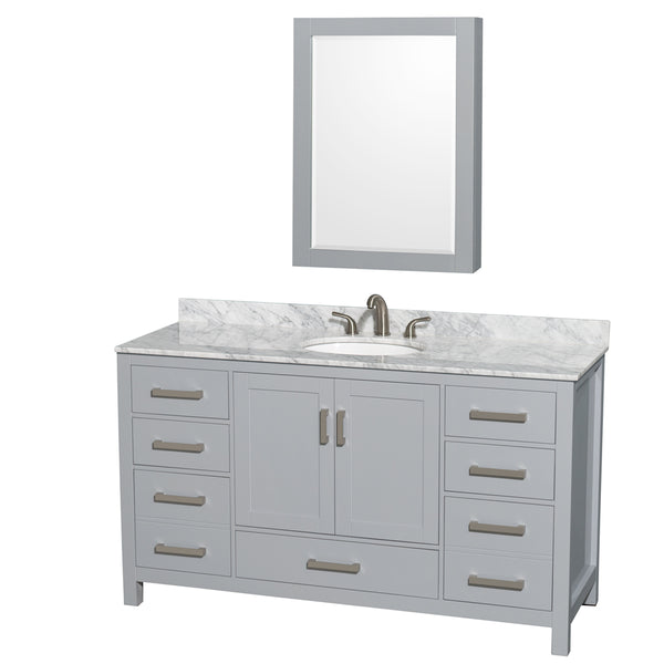 60 inch Single Bathroom Vanity in Gray, White Carrara Marble Countertop, Undermount Oval Sink, and Medicine Cabinet - Luxe Bathroom Vanities Luxury Bathroom Fixtures Bathroom Furniture