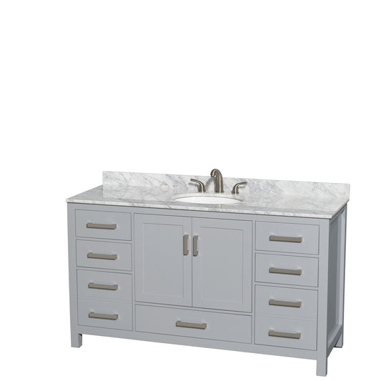 60 inch Single Bathroom Vanity in Gray, White Carrara Marble Countertop, Undermount Oval Sink, and No Mirror - Luxe Bathroom Vanities Luxury Bathroom Fixtures Bathroom Furniture