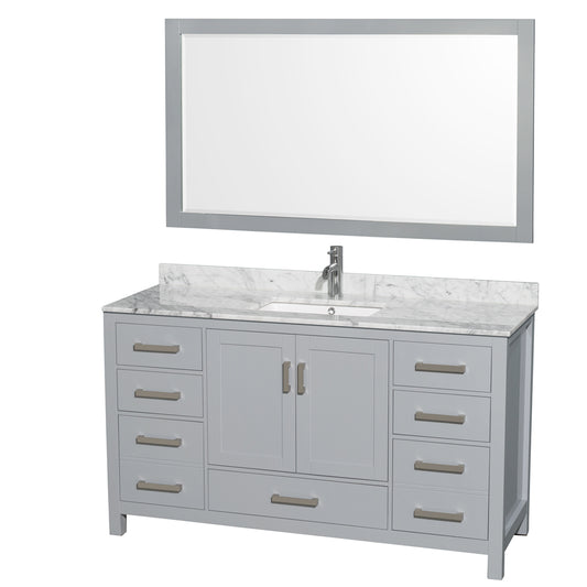 60 inch Single Bathroom Vanity in Gray, White Carrara Marble Countertop, Undermount Square Sink, and 58 inch Mirror - Luxe Bathroom Vanities Luxury Bathroom Fixtures Bathroom Furniture