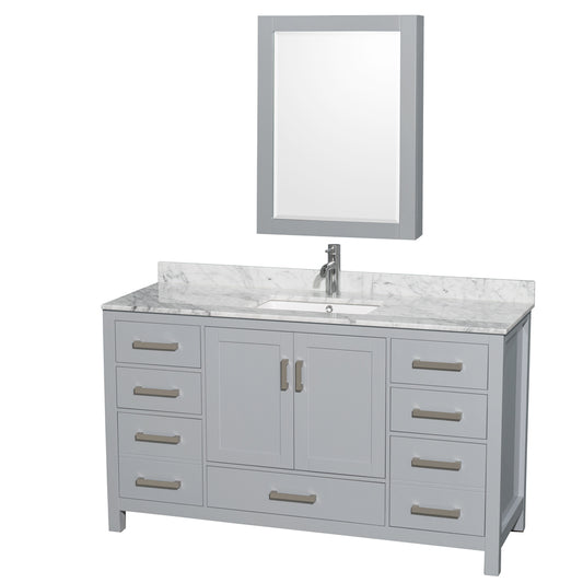 60 inch Single Bathroom Vanity in Gray, White Carrara Marble Countertop, Undermount Square Sink, and Medicine Cabinet - Luxe Bathroom Vanities Luxury Bathroom Fixtures Bathroom Furniture