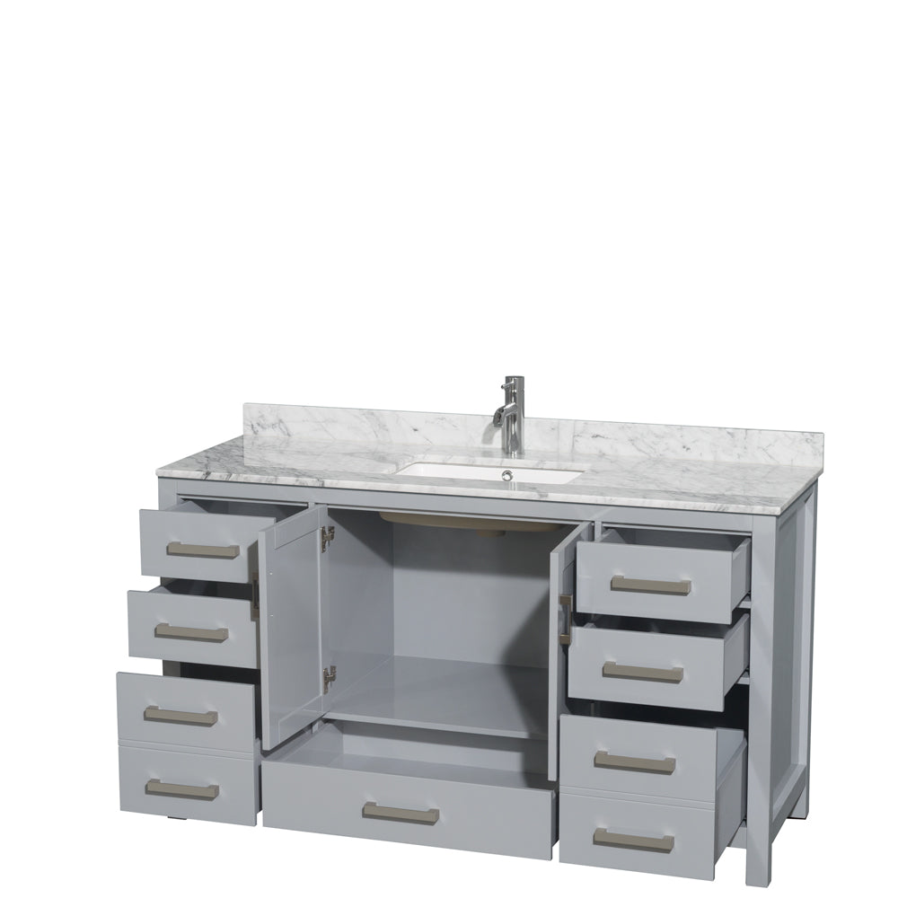 60 inch Single Bathroom Vanity in Gray, White Carrara Marble Countertop, Undermount Square Sink, and No Mirror - Luxe Bathroom Vanities Luxury Bathroom Fixtures Bathroom Furniture