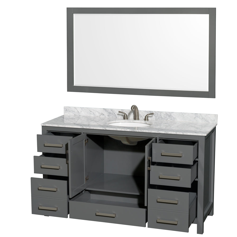 60 inch Single Bathroom Vanity in Dark Gray, White Carrara Marble Countertop, Undermount Oval Sink, and 58 inch Mirror - Luxe Bathroom Vanities Luxury Bathroom Fixtures Bathroom Furniture